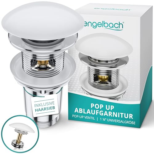 Engelbach® Universal Waschbecken Ablaufgarnitur - Pop up Ablaufventil mit Überlauf (Auch für Waschtische) Herausziehbarer Stöpsel mit Haarsieb - inklusive Einbauanleitung