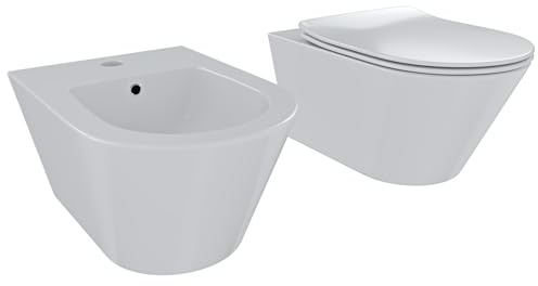 Coppia Sanitari Sospesi Vaso WC Rimless Con Tornado Flush E Bidet Sospeso Design Moderno Tondo In Ceramica Con Copriwater Chiusura Soft Close Rallentata (Bianco Lucido)