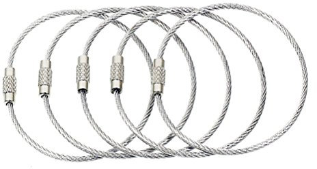 BlueCosto Wire Keychain Cable (5 PK, 6.7” / 17cm) - 2mm Thick Stainless Steel Keyring Wire Loops w/Secure Screw Lock for Hanging Luggage Tags & Organising Keys