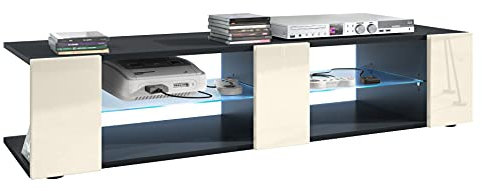 Vladon Lowboard Movie V2, TV-Kommode mit 6 offenen Fächern und Zierleisten, Schwarz matt/Creme Hochglanz, inkl. LED-Beleuchtung blau (134 x 29 x 39 cm)