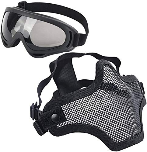 LAOSGE Paintball Maske, Airsoft Schutzausrüstung, Set mit Halbgesichtsmasken Maske Paintball Schutzbrille Klar Stahl Maske üBerbrille für CS/Jagd/Paintball/Shooting (Black)