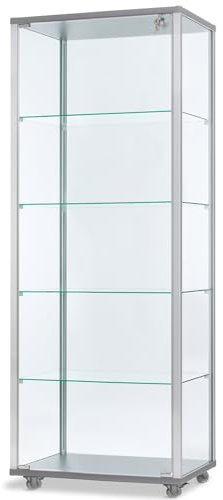 MHN Glasvitrine mit Rollen T 41,7 x B 60 x H 183 cm - breite Ausstellungs-Vitrine abschließbar - hoher Glas-Vitrinenschrank ohne Beleuchtung