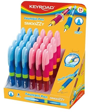 KEYROAD Fountain Pen with Ergonomic Grip/Line Width M/Ideal for Learning to Write/Stainless Steel Nib/Perfect for Students/School/in Display Packaging/Colour Mix / 24 per Pack