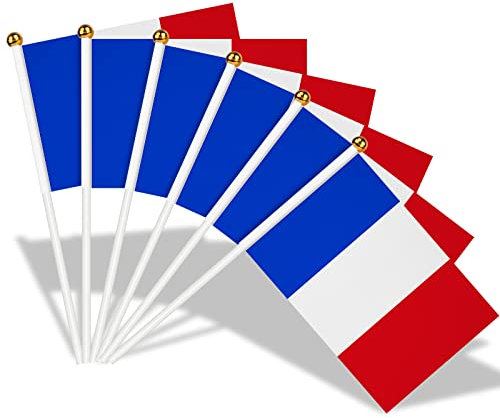 AhfuLife 100Pcs Petit Drapeau Francais, Mini Drapeaux France avec Poteau Solide Blanc de 30cm pour Décor Eurovision Jardin Bar Euro Football Match, Coupe du Monde, Fête Nationale -14 x 21cm