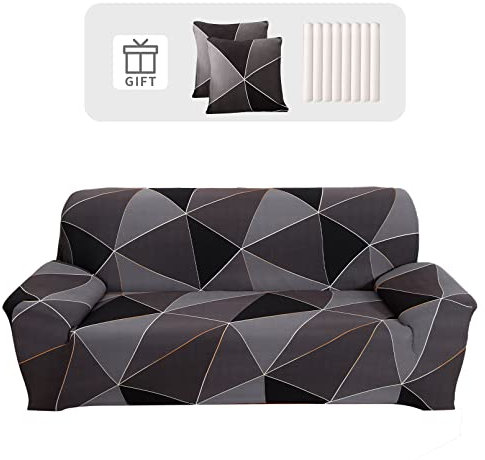 Lydevo Sofabezug 4 Sitzer Stretch Sofahusse Elastischer Sofabezug Spandex Sofa Überzug mit 2 Kissenbezug Anti-Rutsch Waschbar Sofa Protection Cover Schonbezug Couch,Schwarze Geometrie