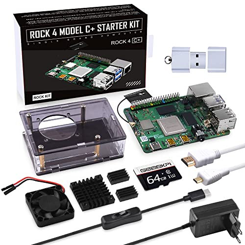 GeeekPi Rock Pi 4 Model C Plus Starter Kit mit Rock 4C+ 4GB Single Board Computer Rockchip RK3399-T Arm Cortex-A72 + Cortex-A53,mit Acrylic Gehäuse,64GB Karte,5V 3.6A Netzteil,Lüfter,HDMI Kabel