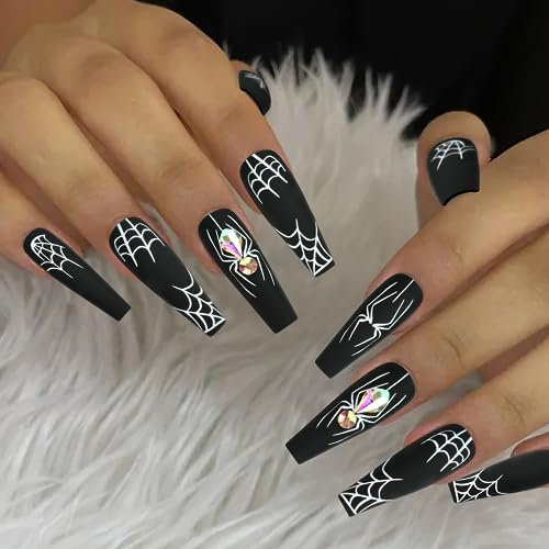 Halloween Faux Ongles Long, 24 PCS Halloween Faux Ongles pour Femmes, Faux Ongles à Coller Nail Art, French Press on Nails pour Femmes et Filles pour Soirée de Danse d'Halloween (B)