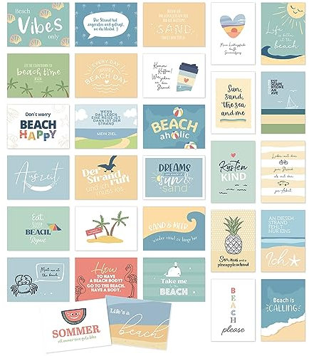 Einladungskarten Manufaktur Hamburg Postkarten Typo Set mit 30 Karten - Strand Sommer Sonne Beach Feeling Meer Sand Urlaub - Passende Sprüche Botschaften Set mit 30 Umschlägen