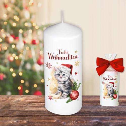 Weihnachtskerze Stumpenkerze – FFrohe Weihnachten, Katze - Kerze in Geschenkverpackung mit Schleife zu Weihnachten | moderne Motive auf Tattoofolie Schiebefolie