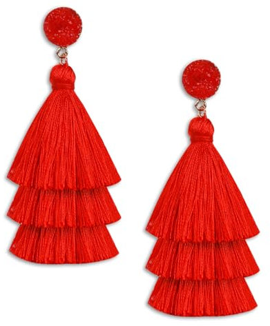 Yolev Layered Tassel Earrings Bohemian Tiered Tassel Earrings Druzy Stud Dangle Drop Earrings Jewelry for Women Girls Christmas Valentine Mother's Day Gift (Red)