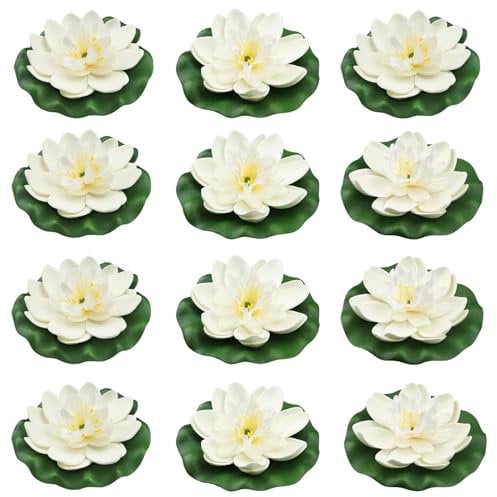 QUOZUO 12pcs Artificial Floating Foam Lotus Flowers with Lily Pads, Artificial Pond Plants Flowers Ornaments for Pool Aquarium Decoration, White