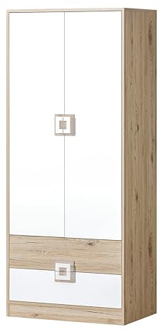 MINIO go for it - Armoire Nimes 1, 80x190x50 cm, Armoire avec 2 Portes, Armoirea Penderie avec 2 Tiroirs, Armoirae Chambre avec 3 Étagères, avec 1 Tringle, Chêne Clair/Blanc