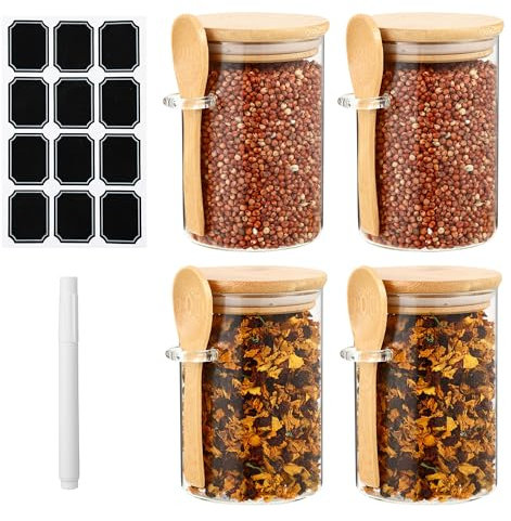 Bocaux En Verre Lot de 4, 540 ml Bocal En Verre Avec Couvercle, Overnight Oats Jar et Cuillère,Pour le sucre, le café, la farine d'avoine, le café, les fruits secs, le miel