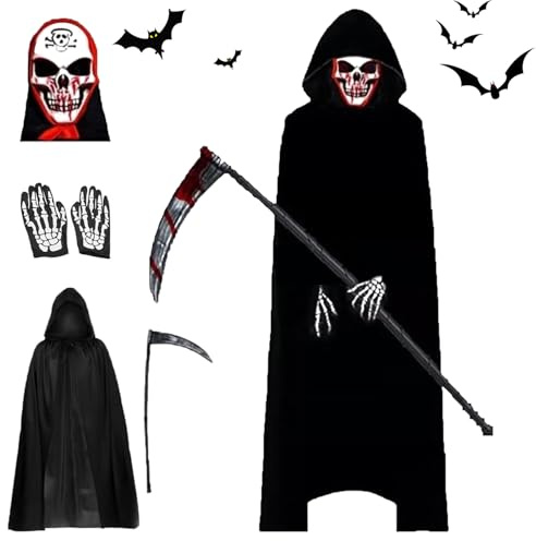 Aicerous® Costume Mietitore Mantello Mietitore di Halloween per Adulte e Bambino, Costume da Tristo Mietitore con Falce, Maschera da Teschio, Guanti, per Halloween, Cosplay, Carnevale