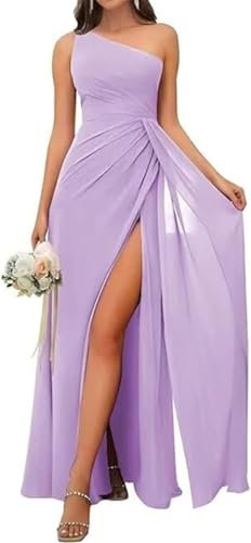 SAMHO Damen One Shoulder Brautjungfernkleid Hohe Taille Plissee Chiffon A Linie Langer Schlitz Abendkleid, Flieder, 36