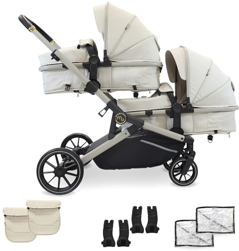 My Babiie MB33 Tandem Pushchair – Birth to 15kg Double Stroller, Twin Seat Units Convert to Carrycot, 11 Configurations, Duo Includes Car Seat Adapters, Rain Covers – Ivory