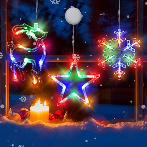 Sunshine smile Weihnachtsbeleuchtung Fenster Innen,3 Stück LED Fensterdeko Weihnachten Beleuchtet,Weihnachtsdeko Fenster Beleuchtet,Fensterlicht Weihnachten,Schneeflocken Fenster Lichter Weihnachten