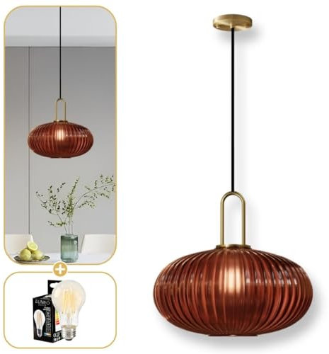 Lumeo creative | Suspension verre fumé Cristali | Lustre vintage pour salle à manger, ilot de cuisine, entree | suspension luminaire salon doré | Suspension vintage (Rouge Brique, C - Poignée Anse)