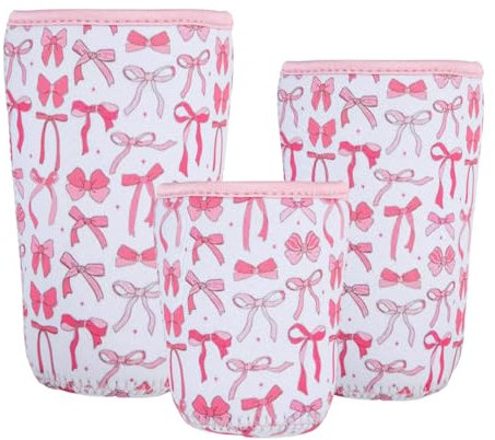 3PCS Reusable Sleeve for Iced Coffee Cup, Neoprene Cold Coffee Cup Sleeves for Iced&Hot Drinks, Pink Bow Coffee Sleeves