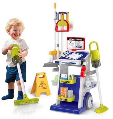 Kids Cleaning Toy Set, 22PCS Toddler Cleaning Set with Real Working Vacuum, Mop & Spray Bottle, Educational Role Play Househlod Carts Toys for Toddlers Ages 3-8, for Boys Girls (Blue)