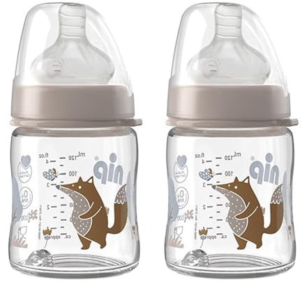 NIP GLAS Flasche 2er Set 120 ml Sauger Silikon Gr. S feinste Sauglochgröße, Anti-Kolik Ventil 2 Verschlußplättchen aus extra hitzebeständigem Glas porenfrei glatt Muttermilch, Pre-Nahrung 0+