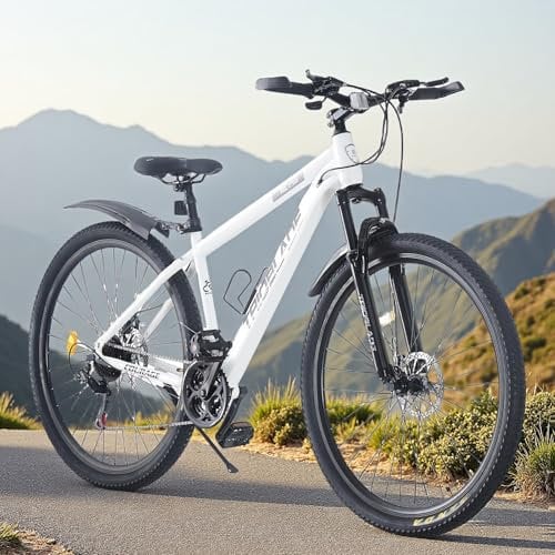 BSTSEL 24/26/27.5/29 Inch Mountain Bike Aluminum Frame with Front Suspension Fork Mountain Bicycle 21 Speeds with Dual Disc-Brake Suitable for Over 18 Years (29 Inch White)