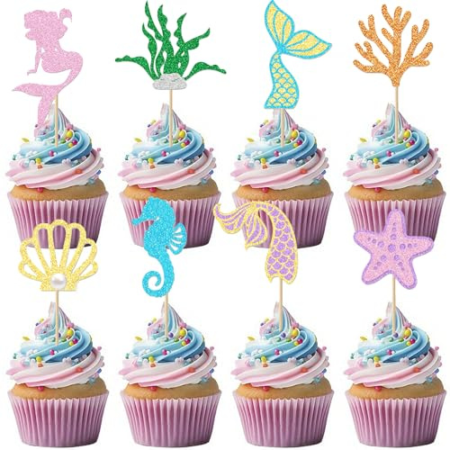 Gleevio 24 Stück Meerjungfrau Tortendeko Geburtstag Mädchen, Cupcake Topper | Meerjungfrau Geburtstag Deko, Meerjungfrauen Muffin Deko, Kuchendeko Ozean, Meerestiere Tortendeko Hochzeit Babyparty