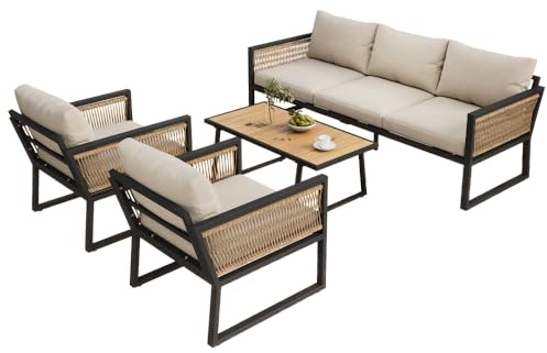 I0I&I0I Gartenmöbel Set 4 TLG Mit Sofa Sesseln Tisch Stahlrahmen Kunststoffholz Tischplatte Seil Armlehnen Lounge Für Terrasse Balkon Garten