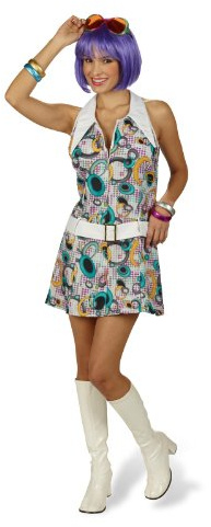 Elbenwald Seventies Hippie Mini Kleid mit Gürtel Kostüm Damen 70er Look für Fasching, Disco, Karneval - 32/34