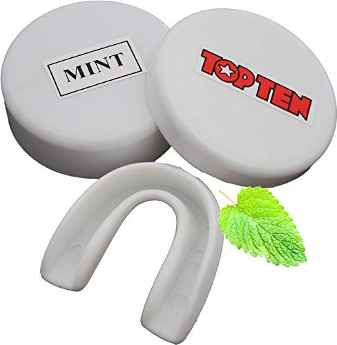 TOP TEN ZAHNSCHUTZ MINT Farbe WEISS für SR JR, mit Hygiene BOX Dose, CE, Sport Mundschutz, Zahnschützer, Mundschützer, Erwachsene Senioren Jugendliche Junioren ab ca. 13 Jahre, Boxen Kampfsport Hockey Handball selbstformbar TOPTEN mit Geschmack Pfefferminz Minz