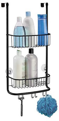 iDesign Shower Caddy Over the Door, Small Hanging Bathroom Organiser with Two Shelves Made of Durable Metal, Practical Shower Storage for Shampoo, Shower Gel and More, Black