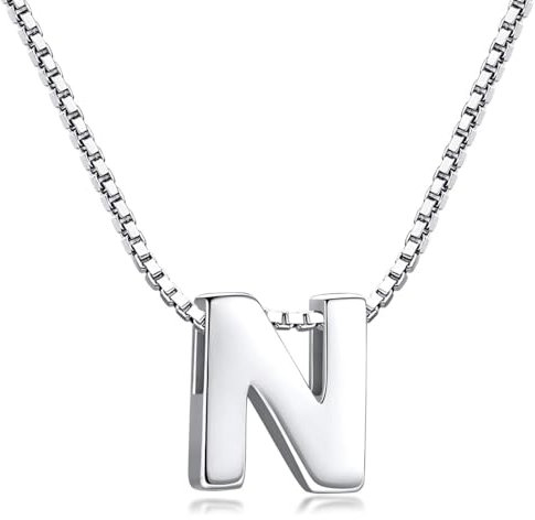 Buchstaben Kette - Buchstabenkette Kette mit Buchstabenanhänger Silber Halskette Kettenanhänger Initialen Silberkette Damen 925 (Kette mit buchstabe N)