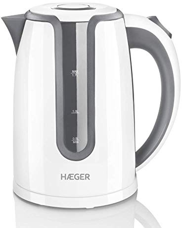 HAEGER HOT GREY - Hervidor electrico con 2200W de potencia, capacidad de 1,7L - base giratoria de 360º, resistencia oculta en INOX, protección contra ebullición en seco, apagado automático