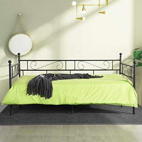 LiePu Tagesbett Schlafsofa mit Lattenrost, Metallbett Jugendbetten Gästebett, Schwarz Einzelbett Bettsofa, 90x190cm