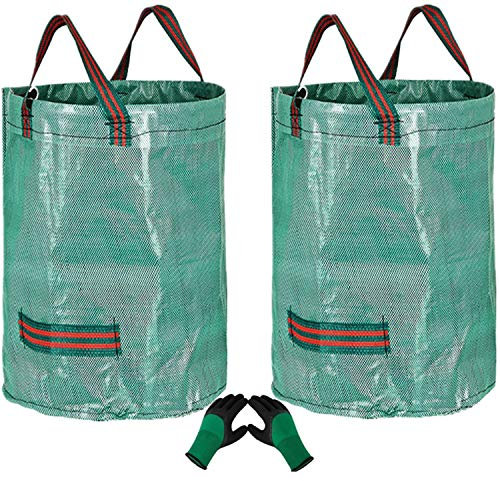 Sac Jardin Dechets Verts Resistant 300L,2 Pièces Sacs de Jardin Réutilisables avec Poignées,Autoportant Pliable Sac Dechets Verts avec 1 Paire de Gants de Jardin pour Feuilles Tontes Débris Végétaux