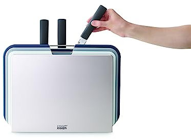 Joseph Joseph Nest Boards Plus 6-teiliges Messer- und Schneidebrett-Set für alle Lebensmittelarten, farbcodiert mit Aufbewahrungsständer, Grau