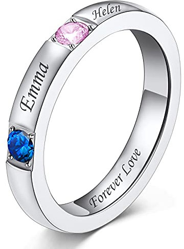 Custom4U Personalisierter Damen Namen Fingerringe 3mm breit Geburtsstein Silberring mit Gravur Edestahl Zirkonia Versprechen Ring Hochzeitsring Freundschaftsring Ringgröße 56.5(18)