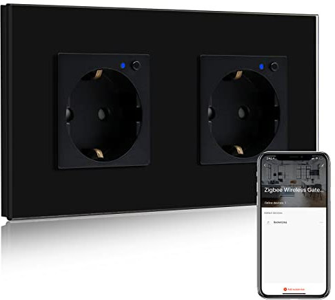 BSEED Zigbee Enchufe de Pared Doble,Schuko Enchufe inteligente Compatible con Alexa y Google Home,Control de APP y Función de Temporizador,protección de contacto,16A Zigbee Enchufe de Pared Negro