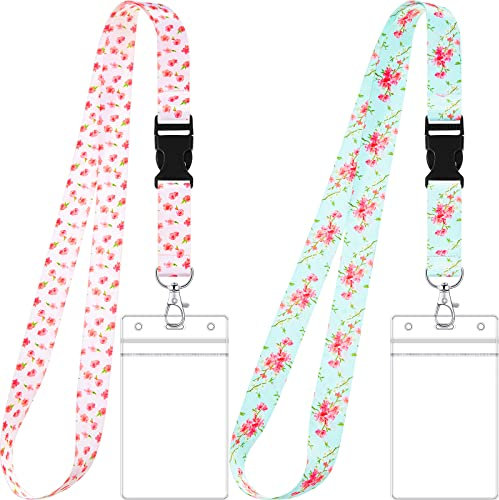2er Set Schlüsselbänder mit Ausweishüllen Umhängeband Blumen Lanyards und Wasserdichte Transparente Ausweishalter für Karten Büro und Schule Zubehör (Frischer Stil)