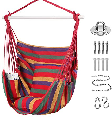 Goutime Hammock Chair Swing with 2 Seat Cushions Pillows, Hanging Chair with Detachable Metal Support Bar,Swing Chair with Carry Bag,Hanging Chair for Bedroom/Outdoor,Maximum 330 Lbs (Red)