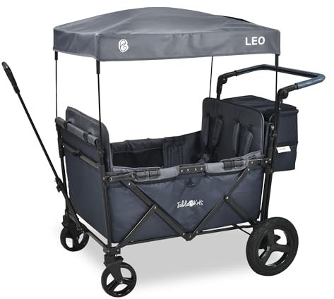 FableKids Bollerwagen Leo X4Plus mit Dach | 4 Sitzplätze | Faltbarer Transportwagen | XXL-Hecktasche | 4X 5-Punkt-Gurt | 360° Offroad Räder | Fußbremse | Oxford 600D | Belüftungsnetze| Blueberry Blue