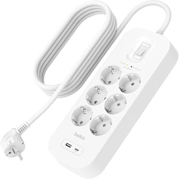 Belkin 6-Fach Steckdosenleiste mit Überspannungsschutz, Wandmontage, 6 Steckdosen, 2-m-Netzkabel, grüne Leuchtanzeige, USB-C- und USB-A-Anschluss mit USB-C PD zum Schnellladen; Schutz für 650 Joule