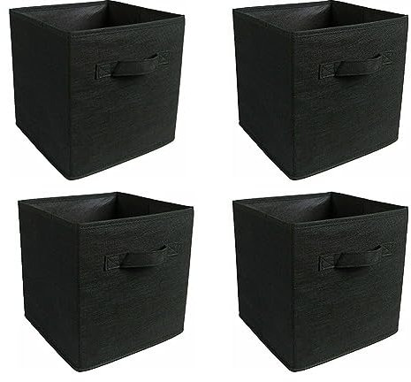 JaHECOME Set of 4 Fabric Storage Boxes Black Foldable Cube Storage Boxes Storage Bins Organizer Basket with Handles for Drawers Shelves in Bedroom, Nursery Office, Playroom,Toy Storage (BLACK)