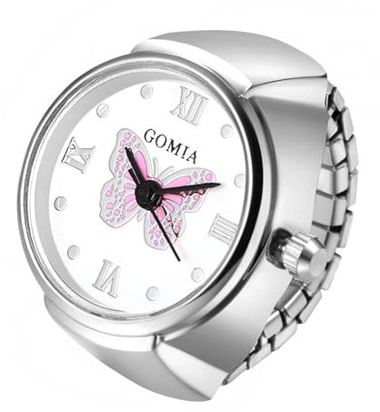 JewelryWe Ringuhr Fingeruhr Elastisch Schmetterling - Damen Analog Quarz Fingerringuhr Ring Uhr Uhrenring mit Rosa Schmetterling Römischen Ziffern Zifferblatt und Silber Legierung Elastisch Band