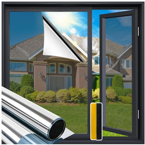 Zindoo Selbstklebende Spiegelfolie – UV & Hitzeschutz Fensterfolie, 44.5x300cm Silber