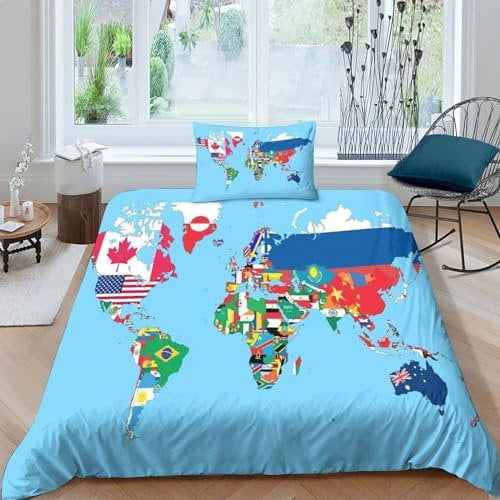 AAHARYA World Map 3D Duvet Cover, Bedding Sets,Ultra Soft Polycotton National Flags Quilt Bed Set, Single(135x200cm)