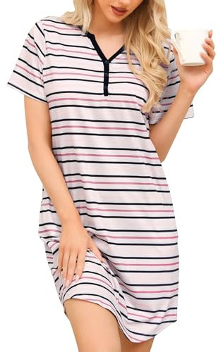 Lovasy Chemise de Nuit Femme Coton Robe de Nuit Manches Courtes Vêtements de Nuit Rayé Boutonnée Devant Nuisette Sexy Grande Taille A Blanc et Rose XXL
