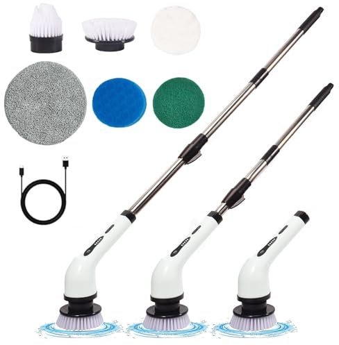 Fregadora Giratoria Electrica Cepillo Limpieza Electrico Inalámbrico con 6 Cabezas Cepillo Reemplazables, 2 Velocidades Ajuste Extensible Cepillo Limpieza Hogar para Baño, Cocina, Coche