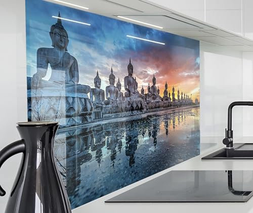 timalo Spritzschutz Wand für Herd, Küche Küchenrückwand Glasoptik | Acryl Glas 2mm | Glasrückwand Acrylglas Wandpaneele Rückwandschutz Platte | 60x40cm Thailand Buddha Statuen
