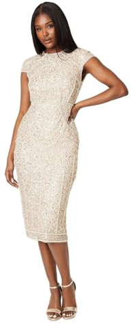 Coast Cap Sleeve Pearl Embellished Pencil Dress, 12, Champagne
